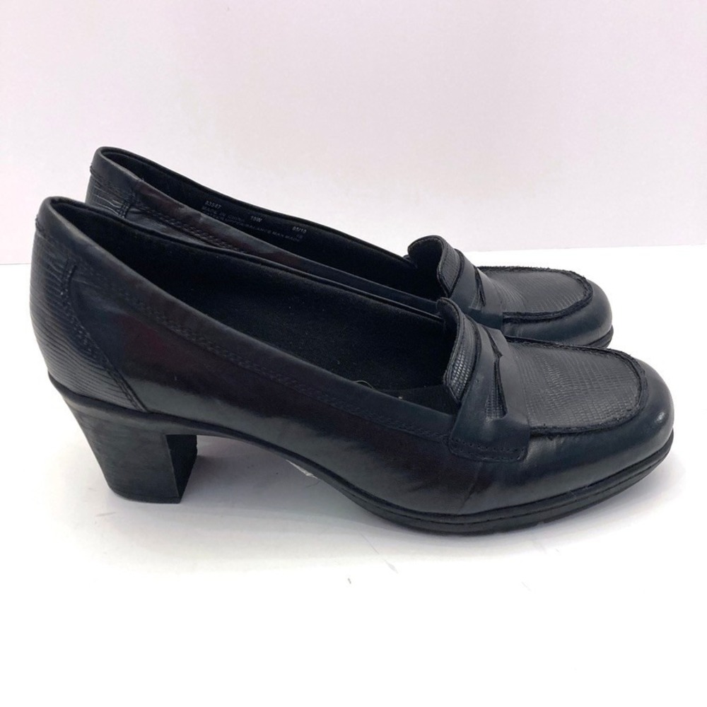 Clarks Black Leather Heeled Loafers Pumps Womens 10 Wide Lizard Embossed Career